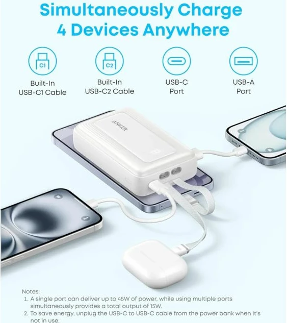 Powerbank Anker Zolo 20000 mAh 45W me kabllo USB-C të integrume, e zezë