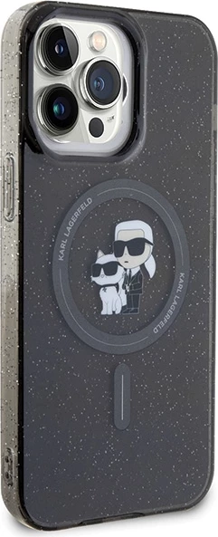 Mbështjellës Karl Lagerfeld Karl&Choupette Glitter MagSafe për iPhone 15 Pro Max, zi