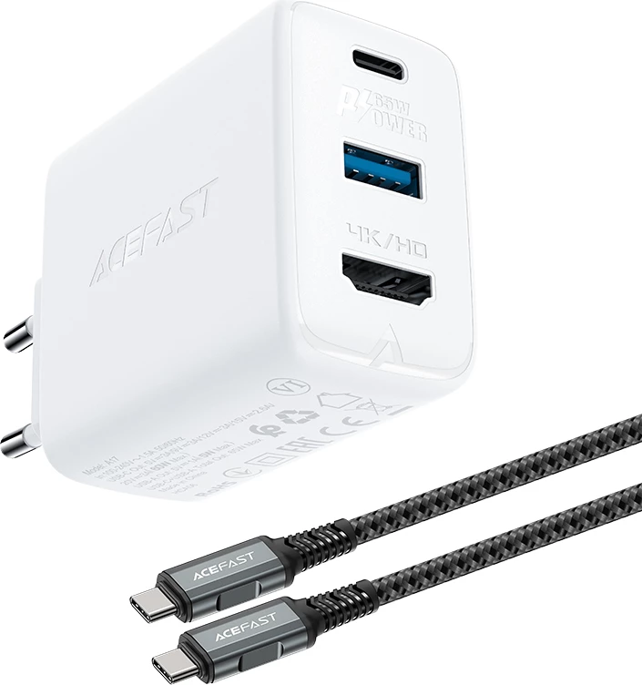 Karikues 2-në-1 Acefast A17, 65W, USB Type C/USB-A, HDMI 4K, me kabllo, Bardhë