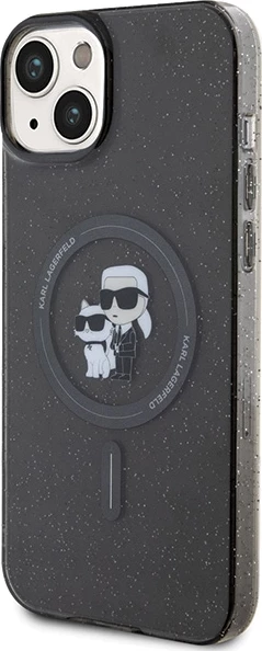 Mbështjellës Karl Lagerfeld Karl&Choupette Glitter MagSafe për iPhone 15, i zi