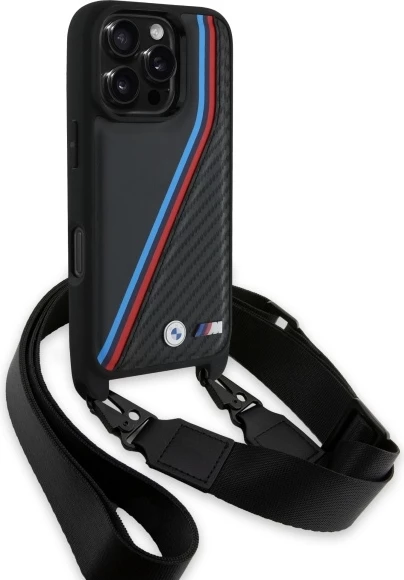 Mbështjellës BMW M Edition Carbon me vija trikolore dhe rrip për iPhone 16 Pro Max, Zi