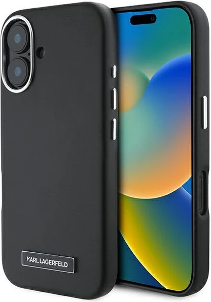 Mbështjellës Karl Lagerfeld FW Metal Plate MagSafe për iPhone 16 Plus, i zi