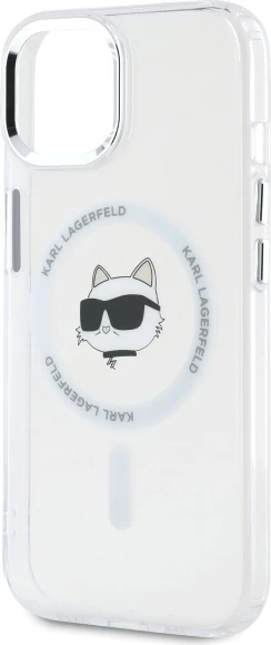 Mbështjellës Karl Lagerfeld IML Metal Choupette Head MagSafe për iPhone 15 Plus, Bardhë