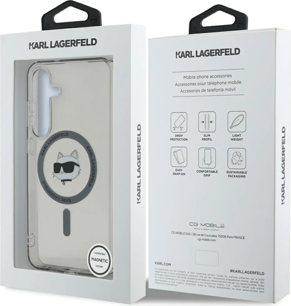 Mbështjellës Karl Lagerfeld Button Choupette Head Printed Logo MagSafe për Samsung Galaxy S25, i zi