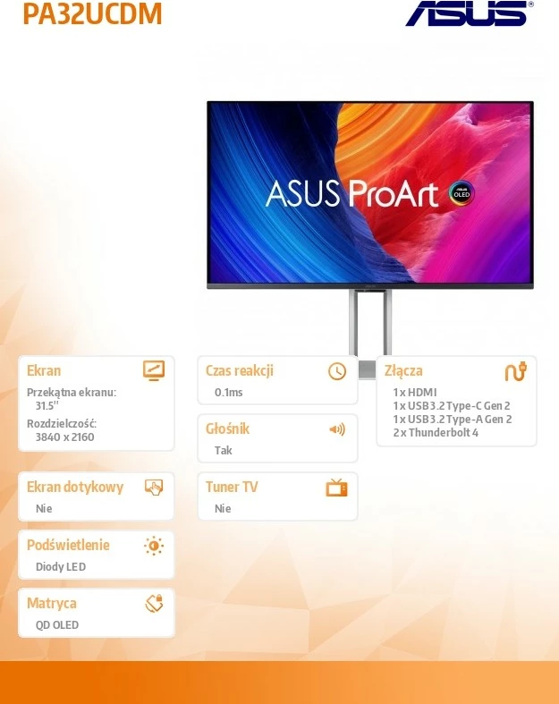 Monitor Asus PA32UCDM ProArt 31.5", QD-OLED, 4K UHD, 240Hz