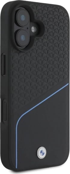 Mbështjellës BMW Sign Leather Textured And Line MagSafe për iPhone 16, Lëkurë, Zi