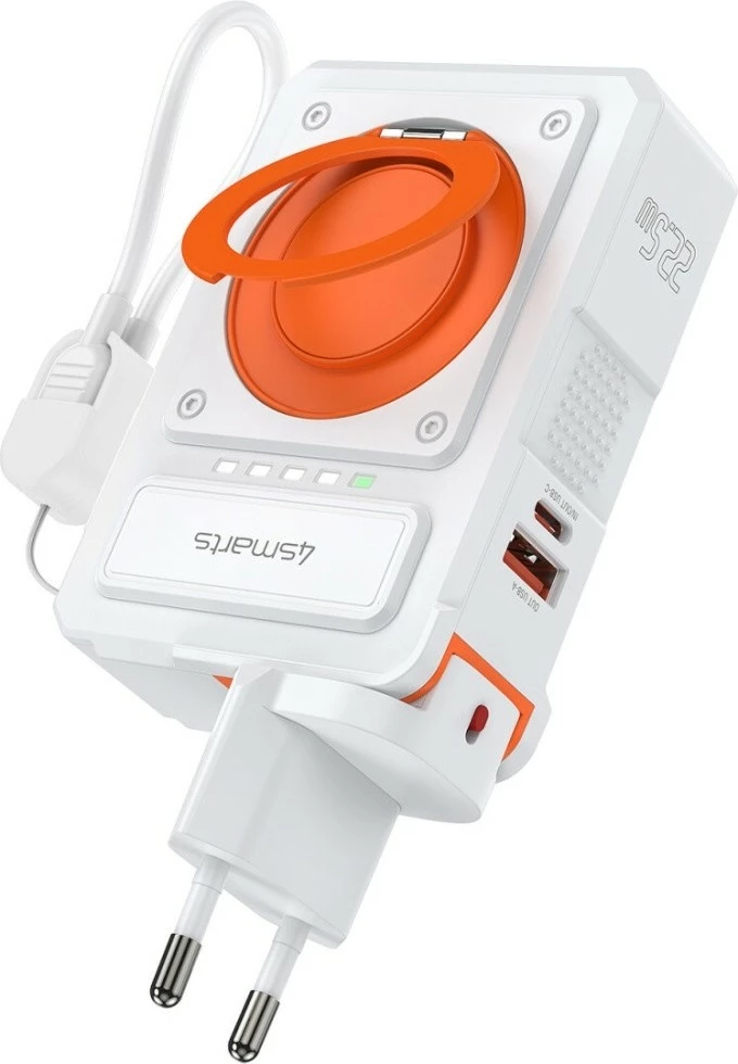 Karikues hibrid 6-në-1 4smarts KAT07417 me powerbank 10000mAh, 22.5W PD/QC, Qi, USB-C + USB-A, kabllo USB-C 12 cm, bardhë