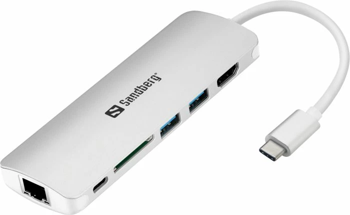 Stacion docking USB-C Sandberg 136-18, HDMI+LAN+SD/MicroSD+2xUSB 3.0, Power Delivery 100W, alumin, argjend
