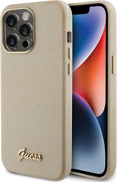 Mbështjellës Guess Glitter Glossy Script për iPhone 15 Pro Max, ari