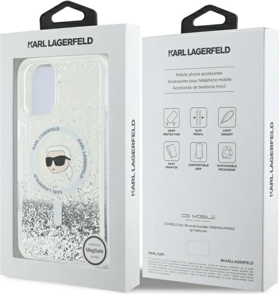 Mbështjellës Karl Lagerfeld Liquid Glitter Karl Head MagSafe për iPhone 16, Transparent