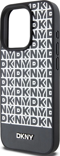 Mbështjellës DKNY Leather Printed Pattern Metal Logo MagSafe për iPhone 15 Pro Max, Zi