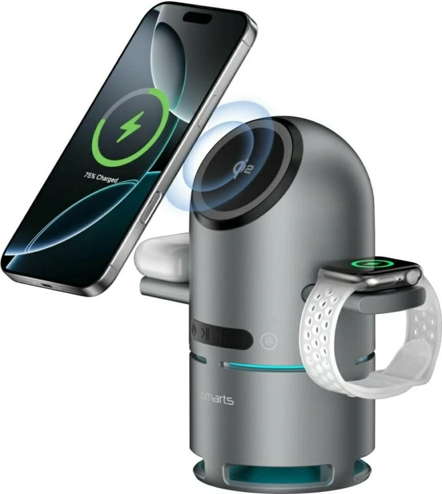 Stacion karikimi induktiv 3‑në‑1, 4smarts, ChargeBot Sound Qi2 4SM000032, Qi2 15 W, altoparlant i integruar, USB‑C, gri