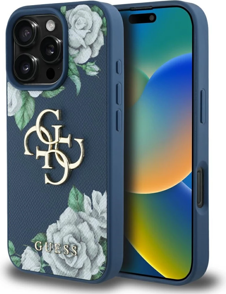 Mbështjellës Guess Grained Roses Big 4G logo për iPhone 16 Pro, Blu
