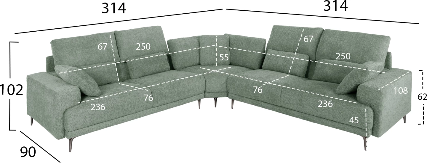 Kënd divani SYMMET FH3269.06, pëlhurë mente, këmbë antracit me shkëlqim, 314x236x90-102H cm