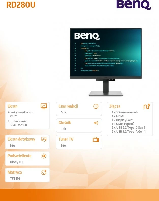 Monitor BenQ RD280U, 28.2", 4K IPS, 5ms, HDMI, DP, Gri