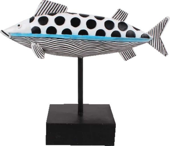 Dekor peshk GADUS, polirezine, bardhë, zi, kaltër e çelët, 26x8x21 cm