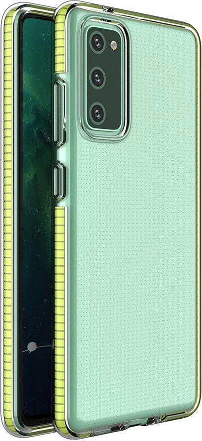 Mbështjellës Hurtel Spring Case për Samsung Galaxy S21+ 5G, TPU, transparent me kornizë të verdhë