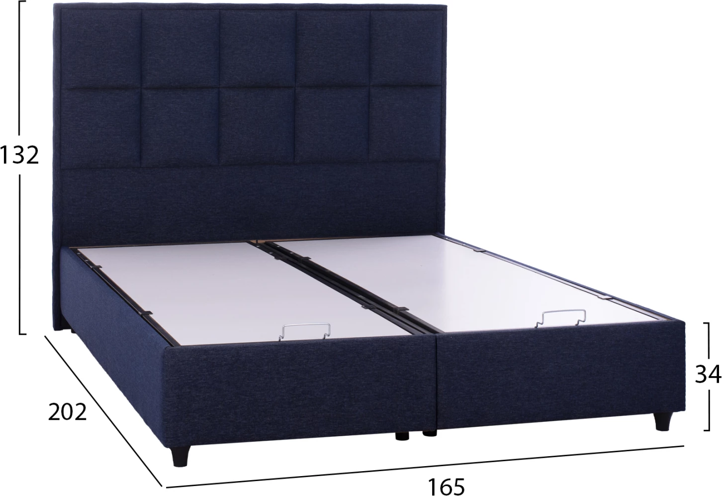 Shtrat ALBA, pëlhurë blu, për dyshek 160x200, mbështetëse e qepur, me 2 nënshtrime në vend të dërrasave të shtratit, hapësirë ruajtëse