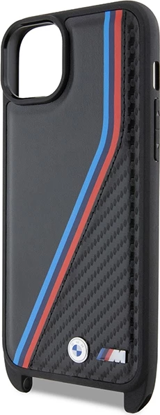 Mbështjellës BMW M Edition Carbon Tricolor Lines & Strap për iPhone 15 Plus / 14 Plus, i zi
