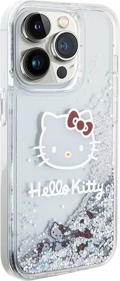 Mbështjellës Hello Kitty Liquid Glitter Charms për iPhone 14 Pro, argjendtë