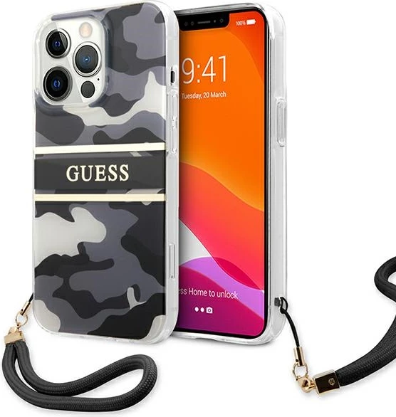 Mbështjellës Guess GUHCP13XKCABBK për iPhone 13 Pro Max 6.7", Camo, i zi, me varëse