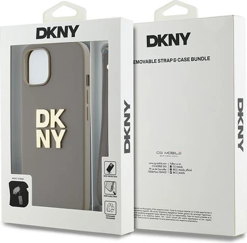 Mbështjellës DKNY Wrist Strap Stock Logo për iPhone 15 Plus, bezhë
