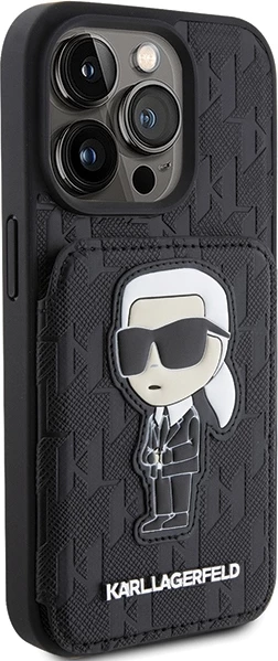 Mbështjellës Karl Lagerfeld Saffiano Cardslots & Stand Monogram Ikonik për iPhone 15 Pro, e zezë