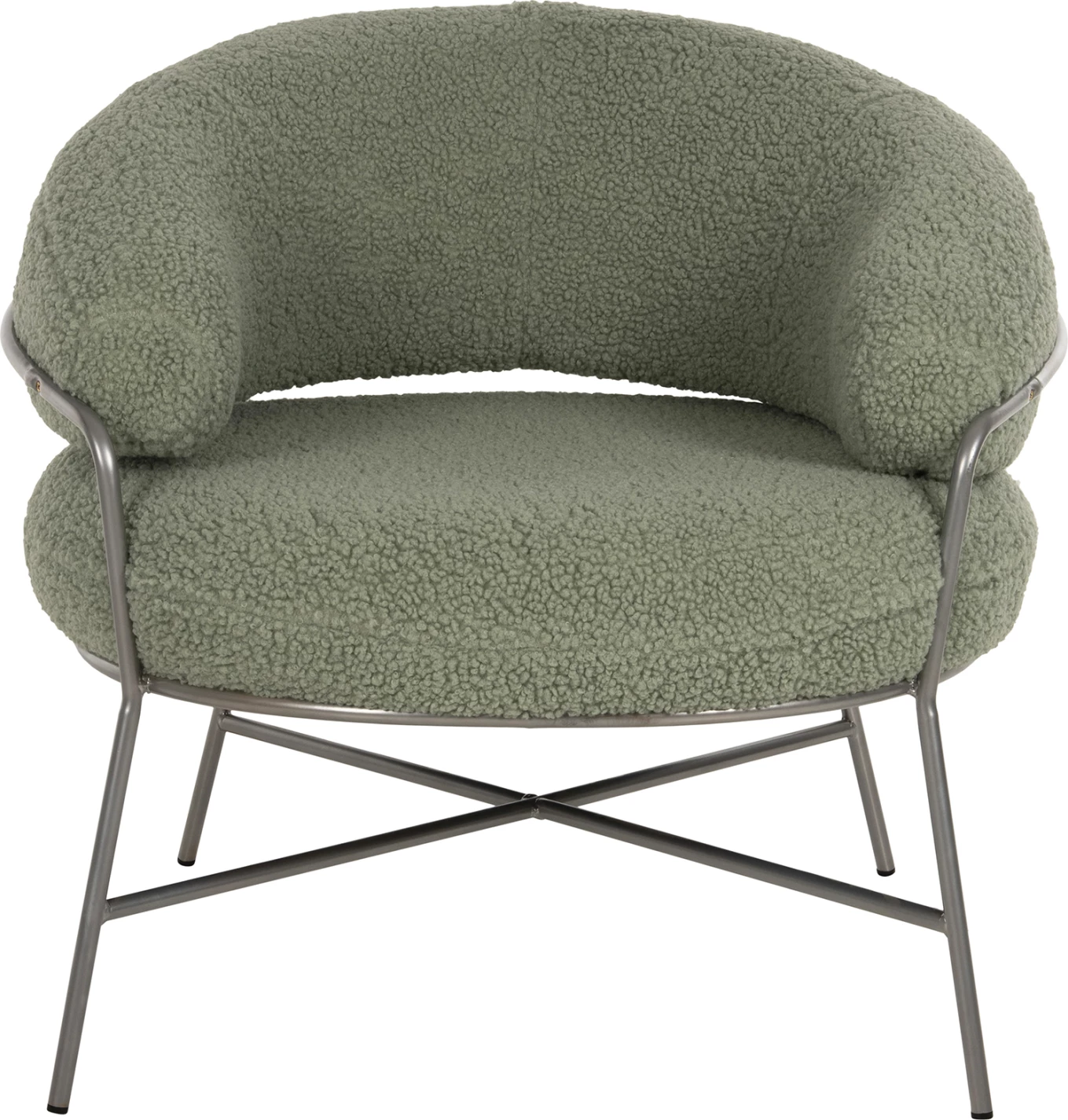 Fotelje TRUDI FH8639.27, ngjyrë fistik, pëlhurë boucle dhe kornizë metalike argjendi, 84x79x76H cm