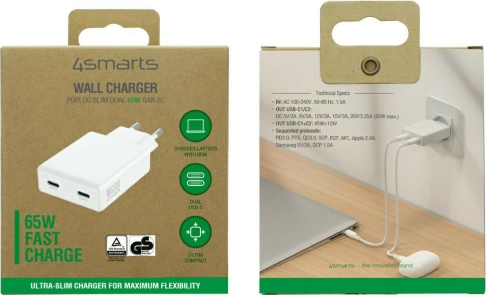 Karikues muror GaN 65 W, 4smarts PDPlug Slim Dual 4SM000010, 2x USB-C PD, i bardhë