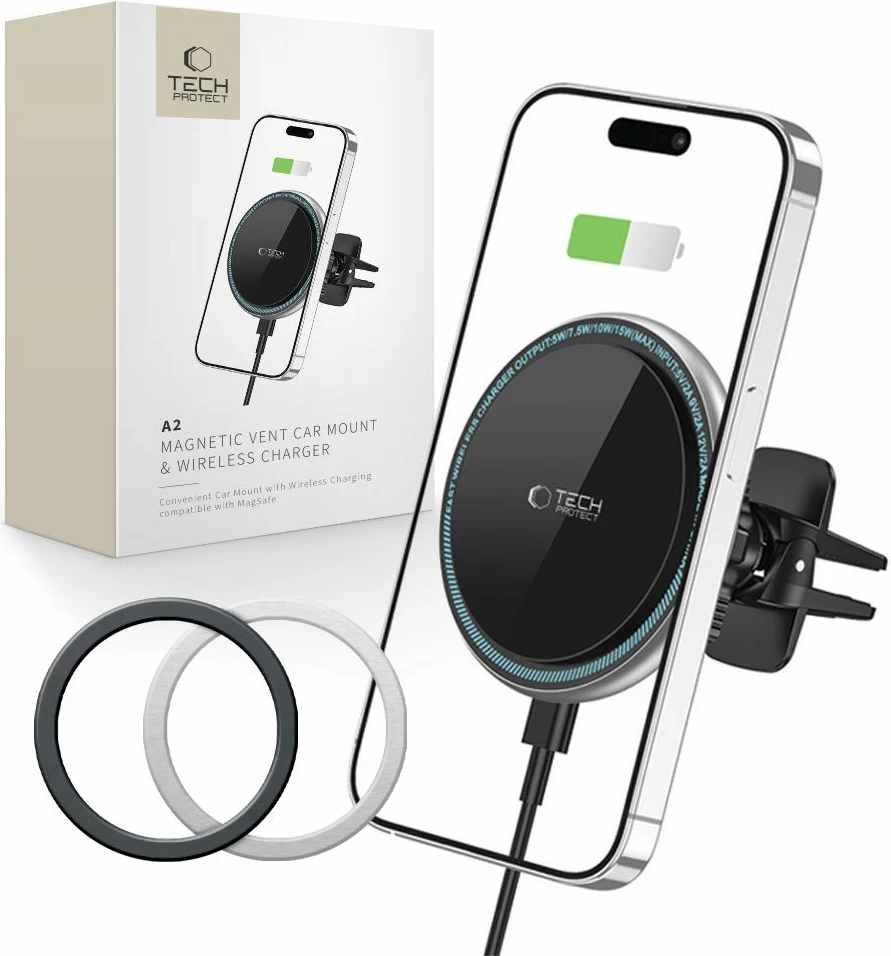 Mbajtës magnetik për veturë Tech-Protect A2 me MagSafe, karikues wireless 15W, i zi