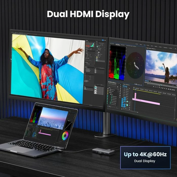 Stacion dokimi USB-C UGREEN 45379 6-në-1, 2x HDMI, PD 100W, 5Gbps, 2x USB-A, gri