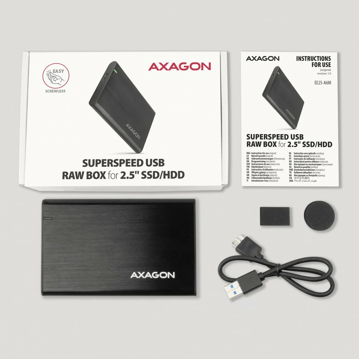 Kasë e jashtme AXAGON EE25-A6M për HDD/SSD 2.5", USB 3.2 Gen 1, alumini, karbon