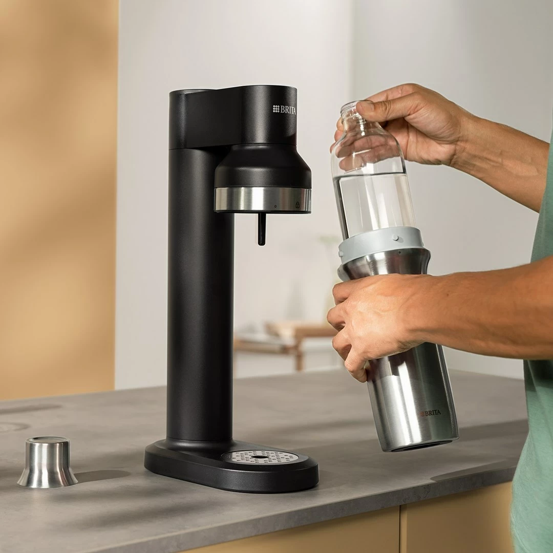 Shishe karbonizuese BRITA sodaTRIO, 1 L, Qelq, 2 copë, Argjendtë