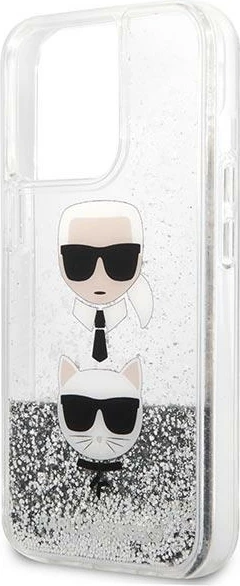 Mbështjellës Karl Lagerfeld KLHCP13XKICGLS për iPhone 13 Pro Max 6.7", hardcase, argjendtë, Liquid Glitter Karl & Choupette Head