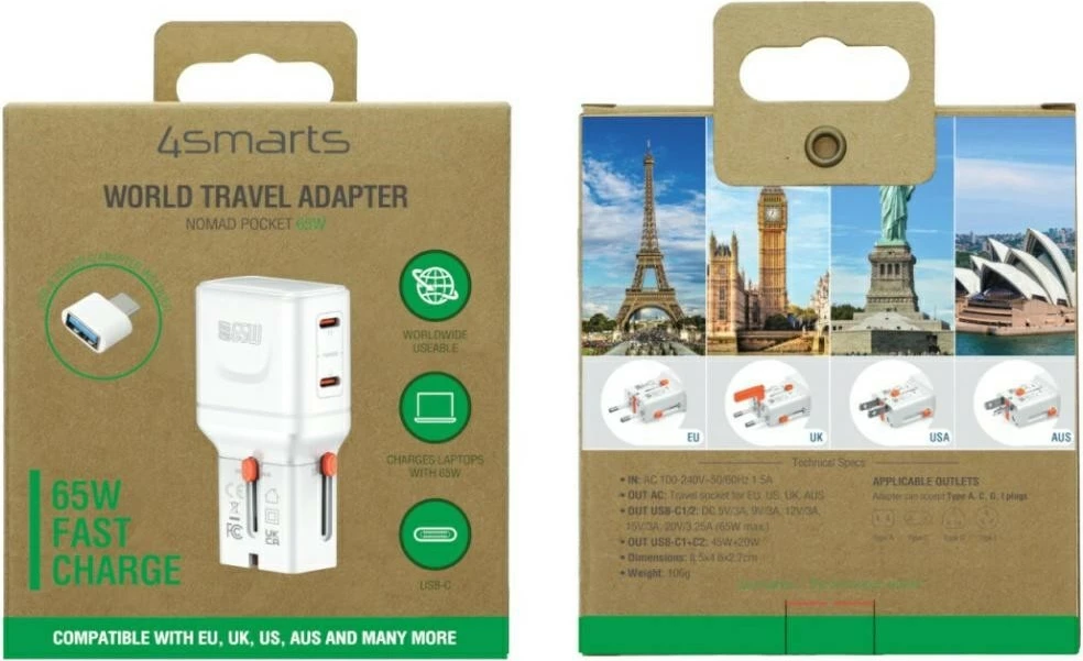 Karikues udhëtimi mur, 4smarts Nomad Pocket GaN 65W, 2x USB-C + adapter USB-A, i bardhë