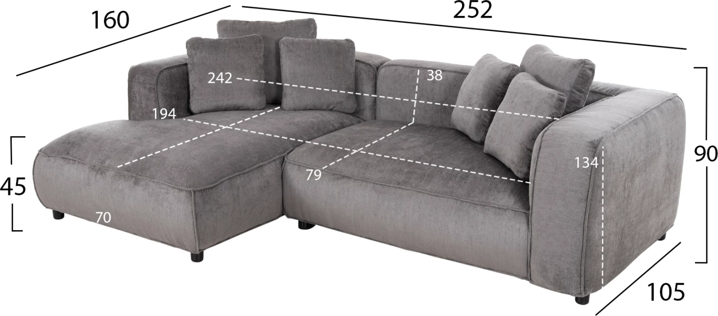 Divan qoshe i majtë, 3-vendësh, GRACE, FH3280.03L, ngjyrë gri, 252x105-160x70-90H cm