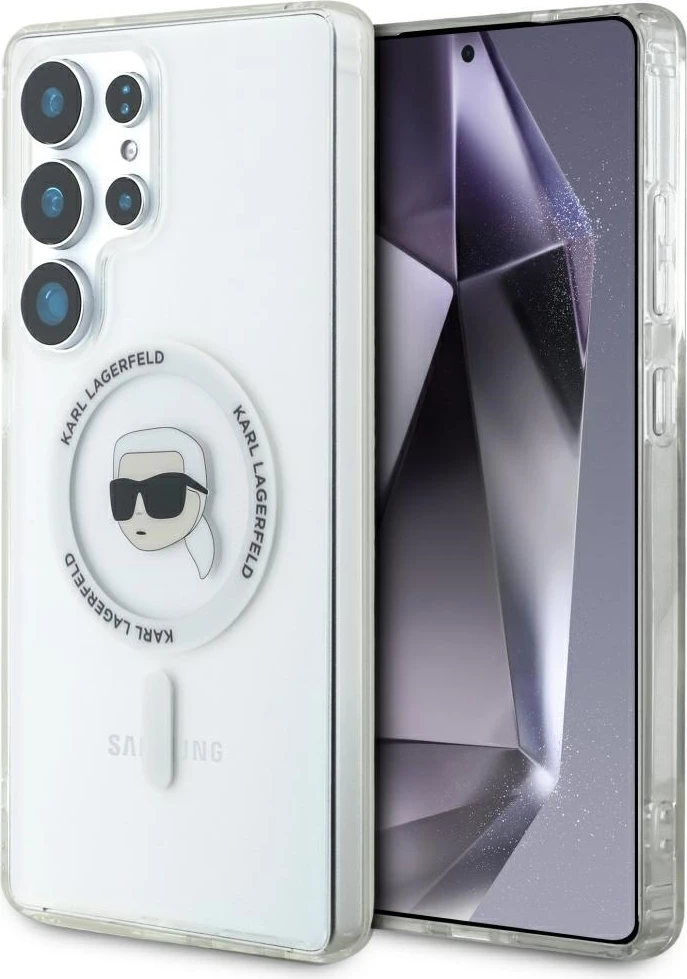Mbështjellës Karl Lagerfeld Button Karl Head Printed Logo MagSafe për Samsung Galaxy S25 Ultra, Bardhë