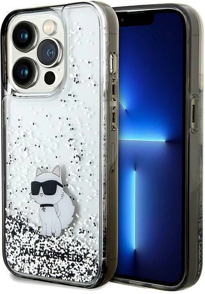 Mbështjellës Karl Lagerfeld Liquid Glitter Choupette për iPhone 14 Pro Max, Transparent, Argjendtë