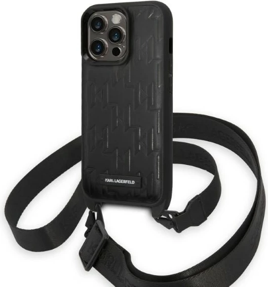 Mbështjellës Karl Lagerfeld Monogram Plaque Logo për iPhone 14 Pro 6.1", i zi me rrip