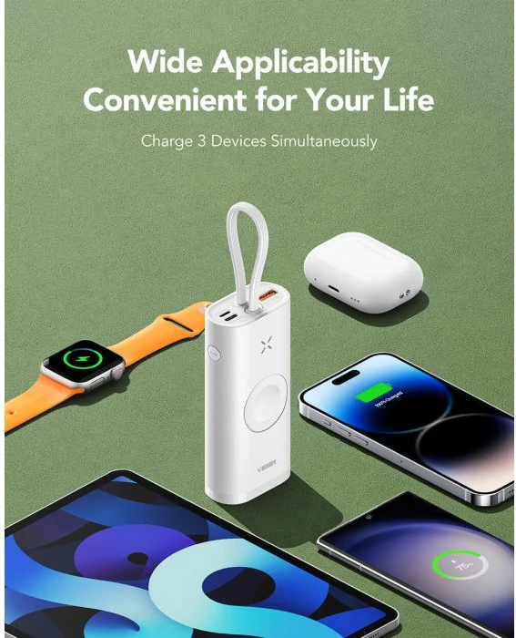 Powerbank VEGER W1162S 10000mAh MagFan me kabllo të integrume Type-C në Lightning, karikues Apple Watch dhe stand, 25W, i bardhë