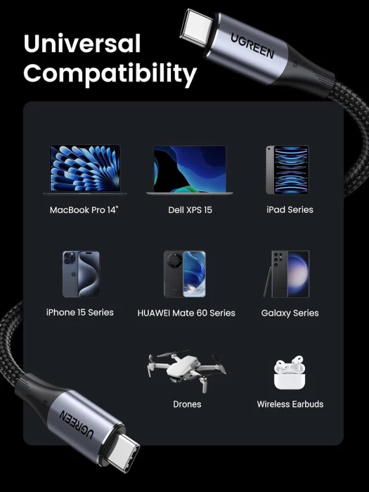 Kabllo USB-C në USB-C UGREEN 80150, USB 3.1 Gen2 10Gbps, PD 240W, 4K@60Hz, 1m, e zezë