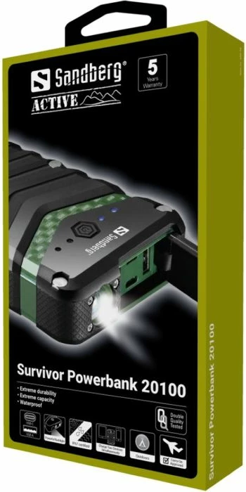 Powerbank Sandberg Survivor 420-36 20000 mAh IP67 me dritë dore, zi/jeshile, set me 2 kabllo