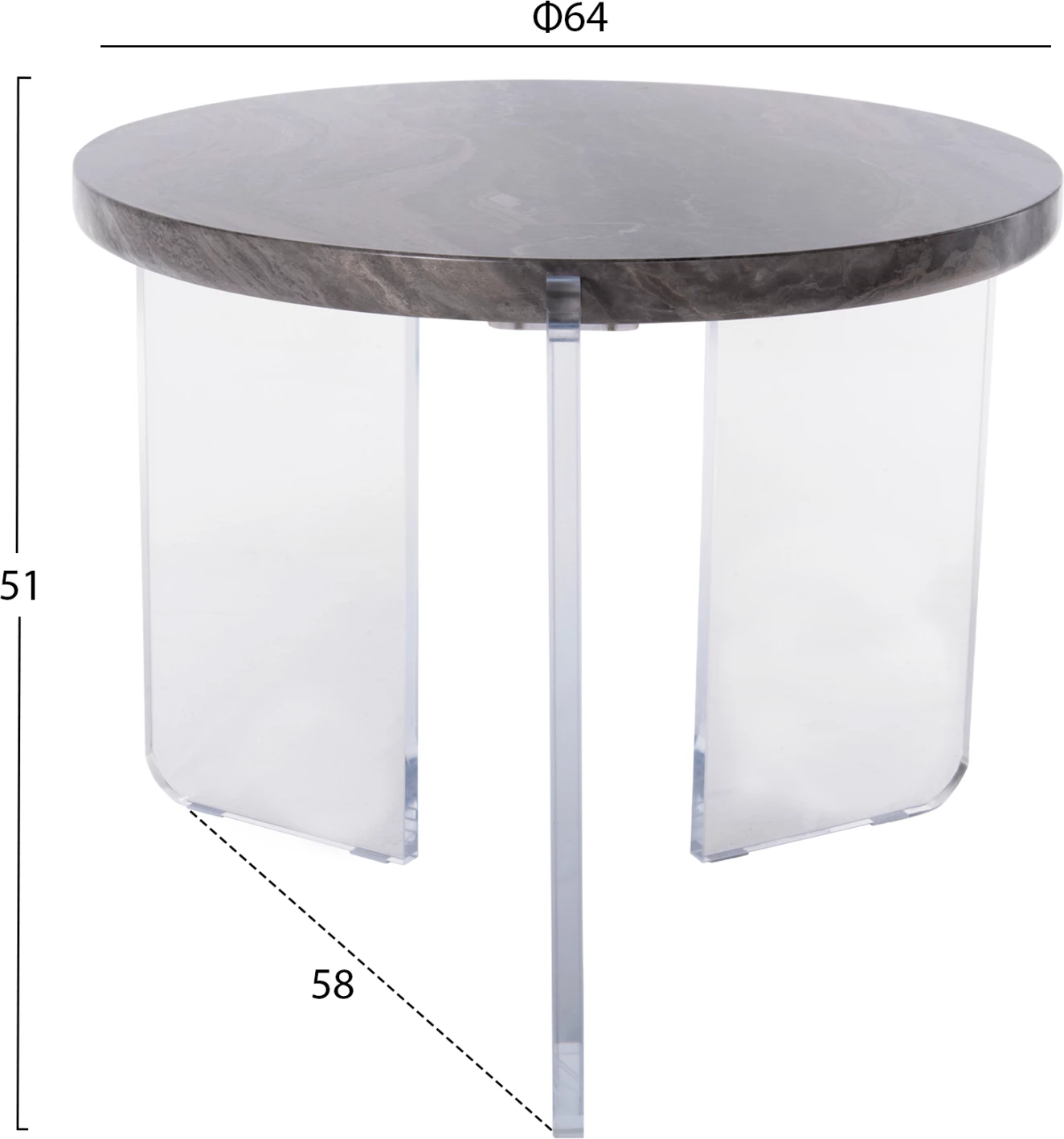 Tavolinë kafeje ACRYCON FH9780.01 MDF me sipërfaqe që nuk përthith ujë, këmbë akrilike Φ64x51H cm