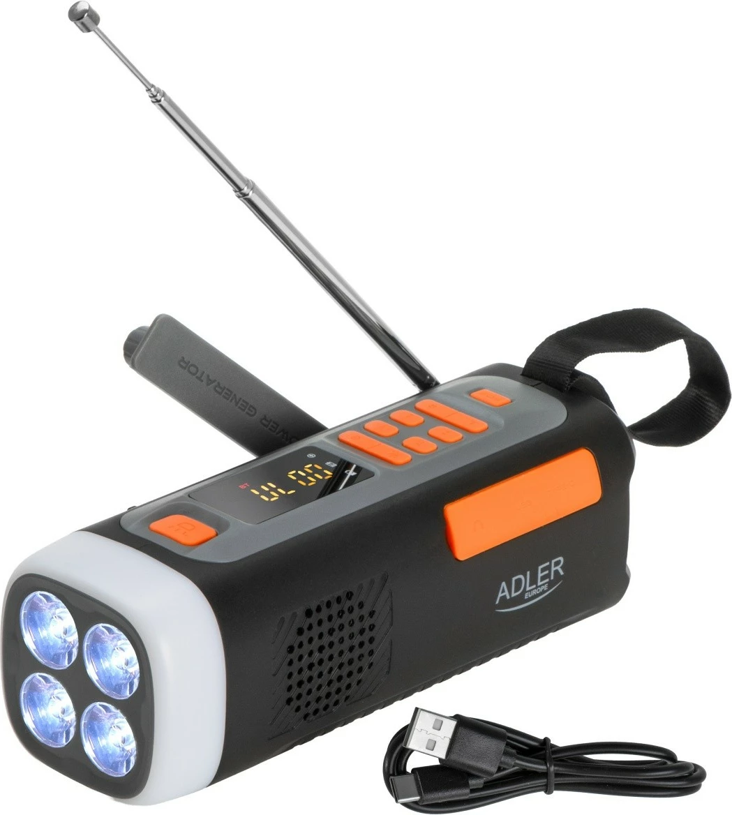 Radio emergjence Adler AD1920 me panel solar, Bluetooth 5.0, powerbank 4500 mAh, dritë LED 4W, e zezë
