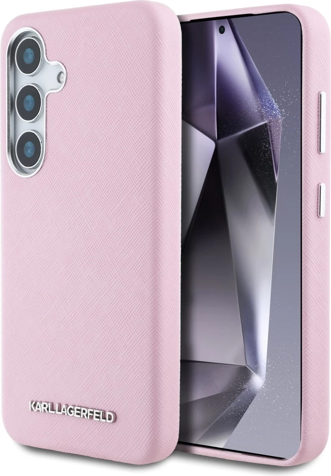 Mbështjellës Karl Lagerfeld Saffiano Full Wrapped Elongated Metal Logo MagSafe për Samsung Galaxy S25, Rozë