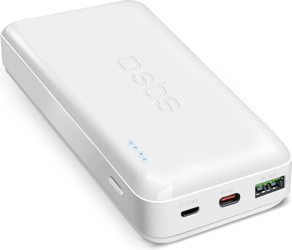 Powerbank SBS TTBB20000PD20W 20000 mAh, 20W, me USB-C, USB-A, Micro-USB, e bardhë