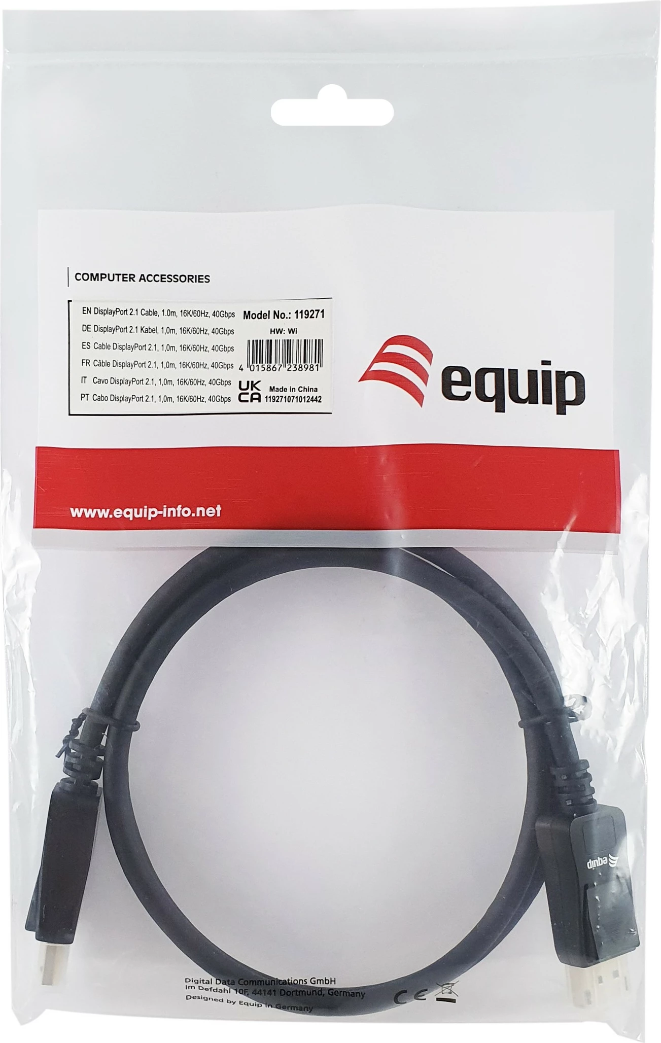 Kabllo DisplayPort 2.1 Equip, 1.0m, 16K/60Hz, 40Gbps, e zezë