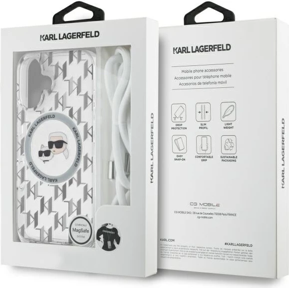 Mbështjellës Karl Lagerfeld IML Crossbody Monogram Karl & Choupette Head MagSafe për iPhone 16, Transparent