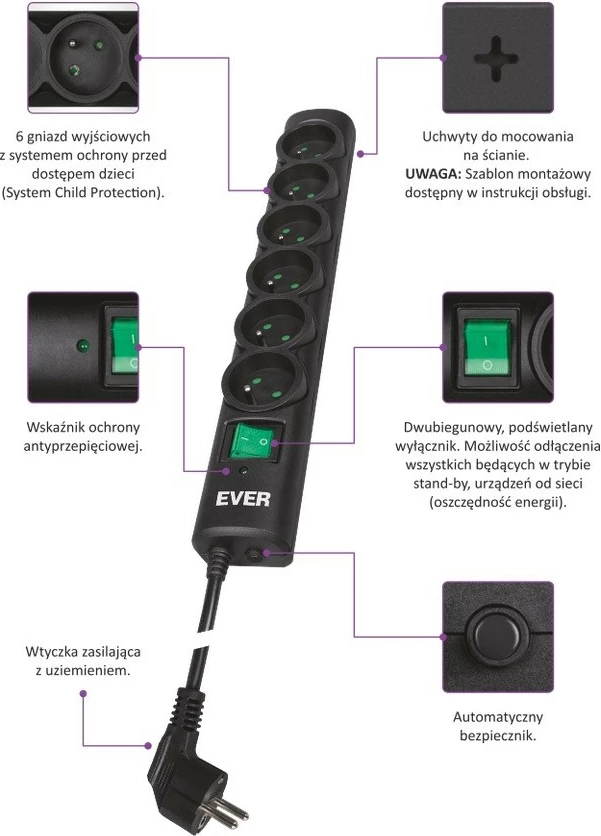 Prizë mbrojtëse EVER Optima T/LZ08-OPT015/0000, 1.5m, 6 dalje, e zezë