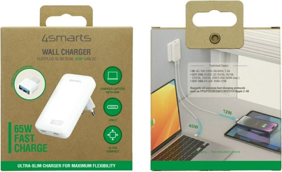 Karikues rrjeti 4smarts FlatPlug Slim Dual (KAT07302) 65W GaN 2x USB-C me adapter USB-C në USB-A, i bardhë